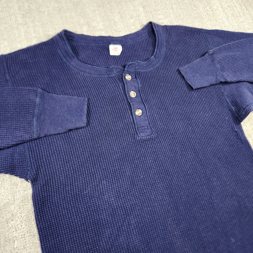 Vintage Shirt Men XL Waffle Knit Thermal Henley Blue USA Single Stitch Cotton